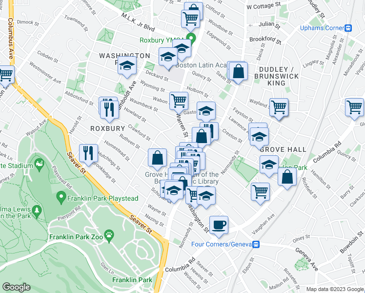 map of restaurants, bars, coffee shops, grocery stores, and more near 575 Warren Street in Boston