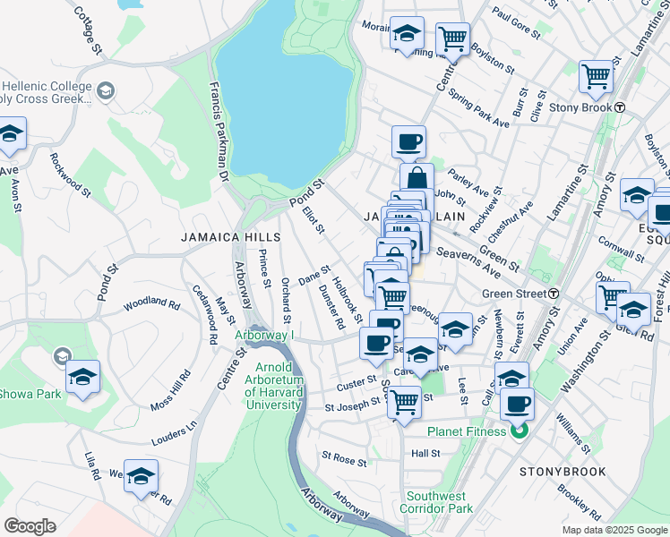 map of restaurants, bars, coffee shops, grocery stores, and more near 40 Eliot Street in Boston
