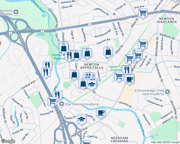map of restaurants, bars, coffee shops, grocery stores, and more near 23 Oak Street in Newton