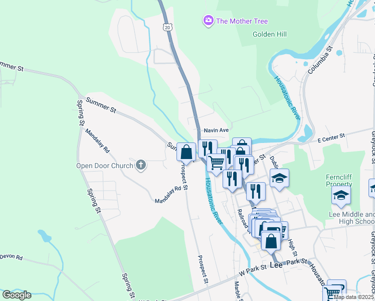 map of restaurants, bars, coffee shops, grocery stores, and more near 50-74 Summer Street in Lee