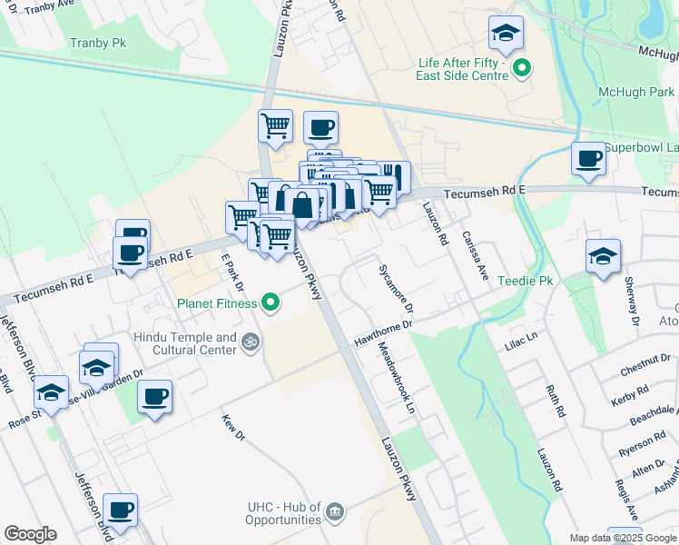 map of restaurants, bars, coffee shops, grocery stores, and more near 7641 Tecumseh Road East in Windsor
