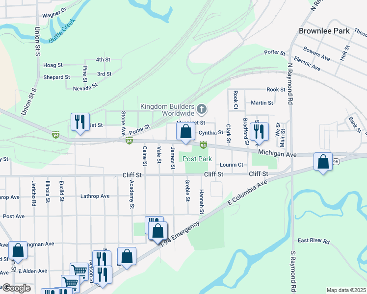 map of restaurants, bars, coffee shops, grocery stores, and more near 16 Spencer Street in Battle Creek