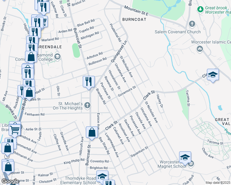 map of restaurants, bars, coffee shops, grocery stores, and more near 36 Rowena Street in Worcester