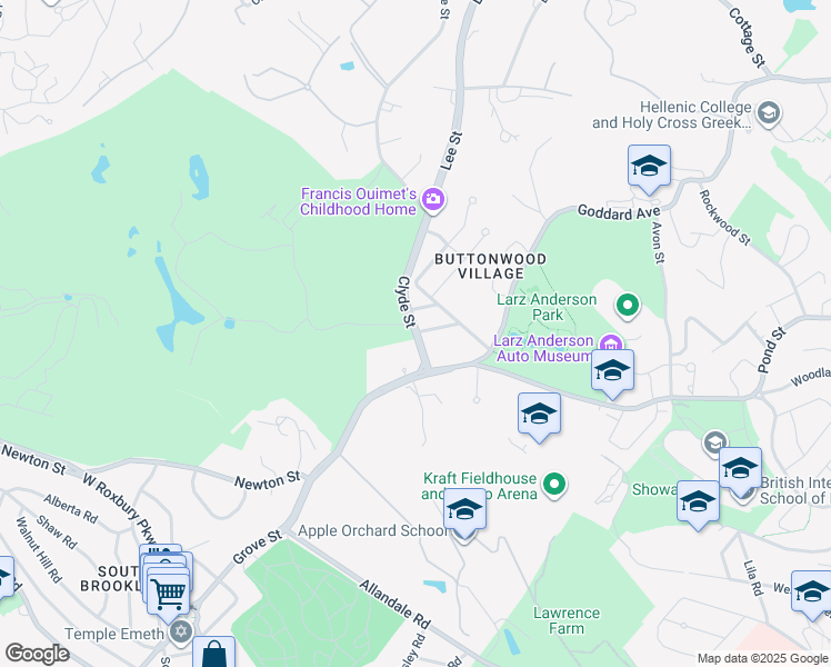 map of restaurants, bars, coffee shops, grocery stores, and more near 157 Clyde Street in Brookline