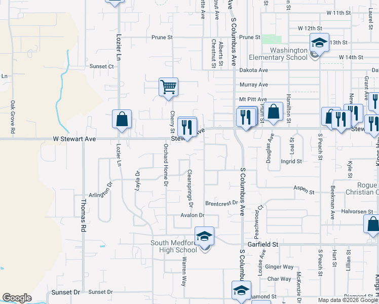map of restaurants, bars, coffee shops, grocery stores, and more near 1765 West Stewart Avenue in Medford