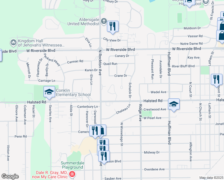 map of restaurants, bars, coffee shops, grocery stores, and more near 2321 Halsted Road in Rockford