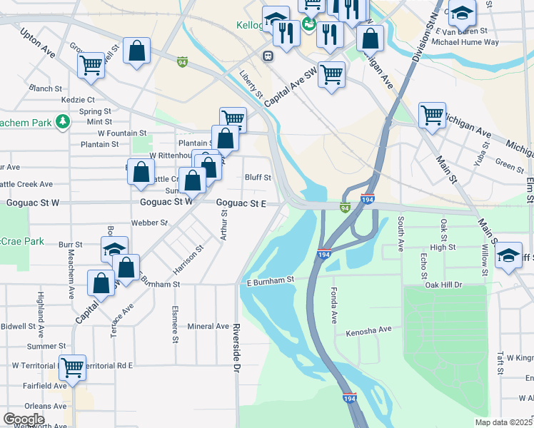 map of restaurants, bars, coffee shops, grocery stores, and more near 93 Goguac Street East in Battle Creek
