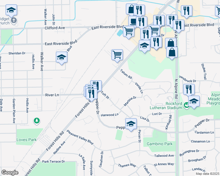 map of restaurants, bars, coffee shops, grocery stores, and more near 6103 Forest Hills Road in Rockford