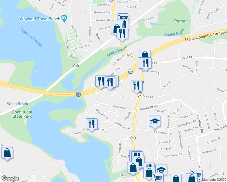 map of restaurants, bars, coffee shops, grocery stores, and more near 117 Massachusetts Turnpike in Natick