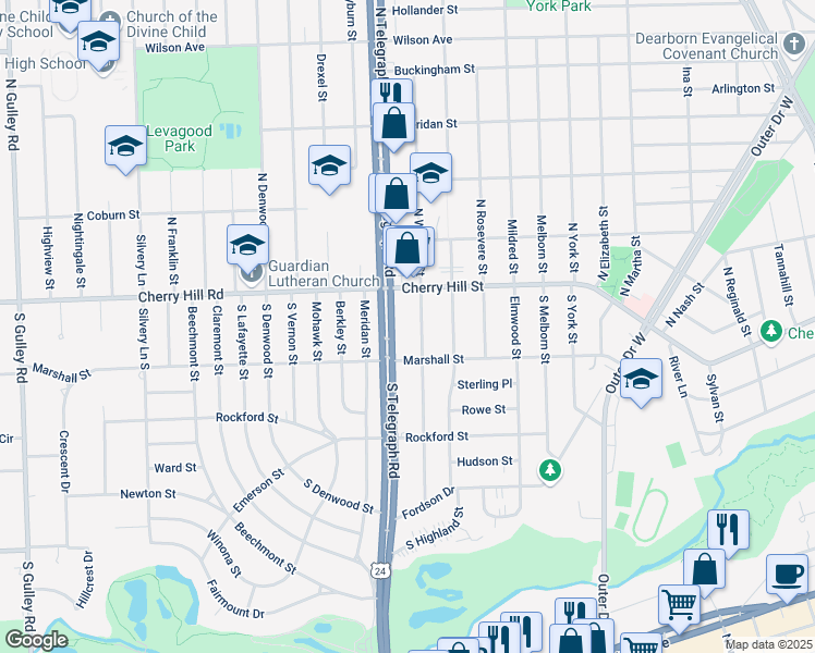 map of restaurants, bars, coffee shops, grocery stores, and more near 136 South Waverly Street in Dearborn