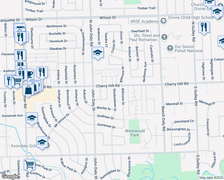map of restaurants, bars, coffee shops, grocery stores, and more near 115 Shadowlawn Street in Inkster