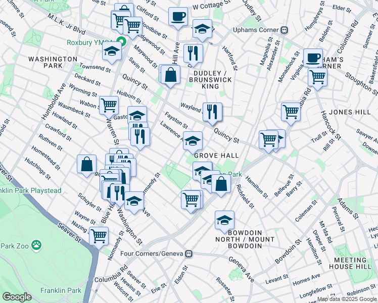 map of restaurants, bars, coffee shops, grocery stores, and more near 47 Lawrence Avenue in Boston