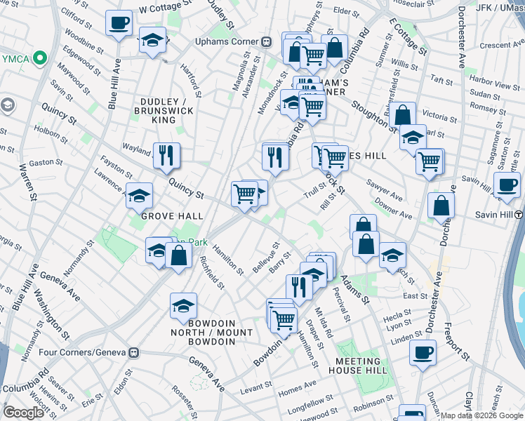 map of restaurants, bars, coffee shops, grocery stores, and more near 405 Columbia Road in Boston
