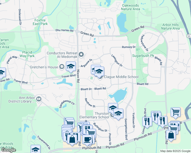 map of restaurants, bars, coffee shops, grocery stores, and more near 2616 Nixon Road in Ann Arbor