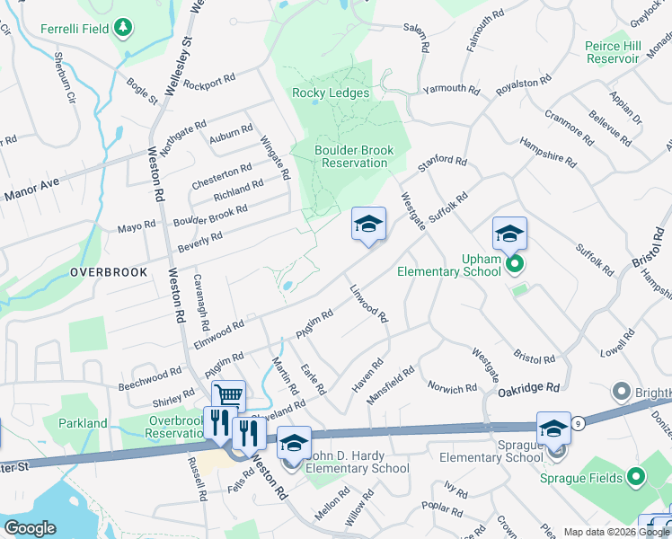 map of restaurants, bars, coffee shops, grocery stores, and more near 94 Elmwood Road in Wellesley