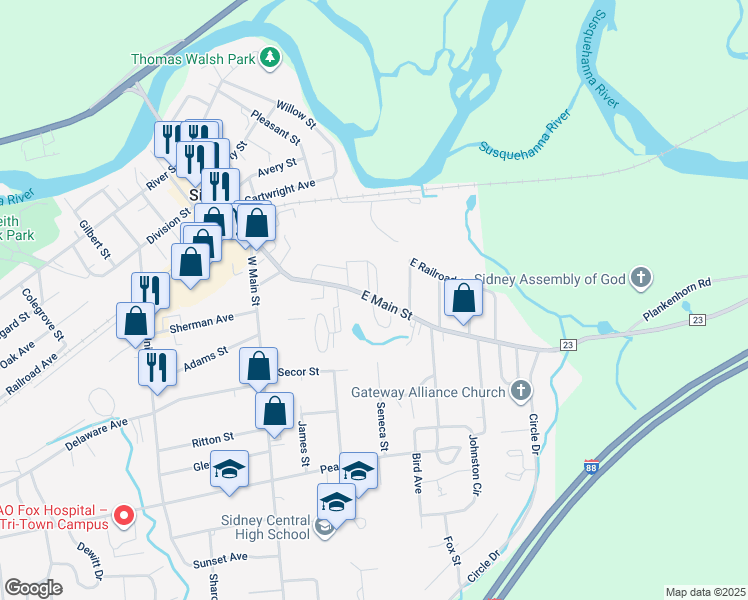 map of restaurants, bars, coffee shops, grocery stores, and more near 7 Orchard St in Sidney