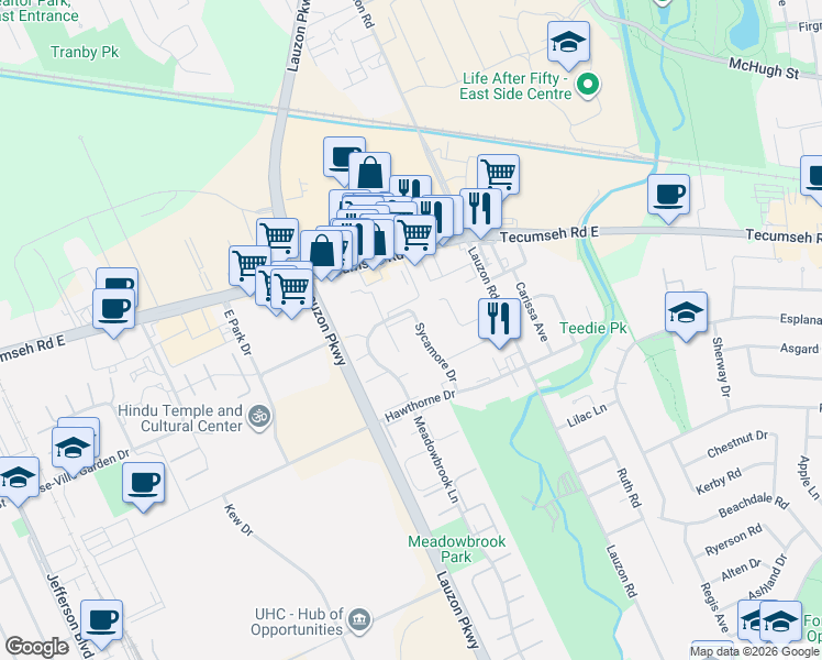 map of restaurants, bars, coffee shops, grocery stores, and more near 2601 Sycamore Drive in Windsor