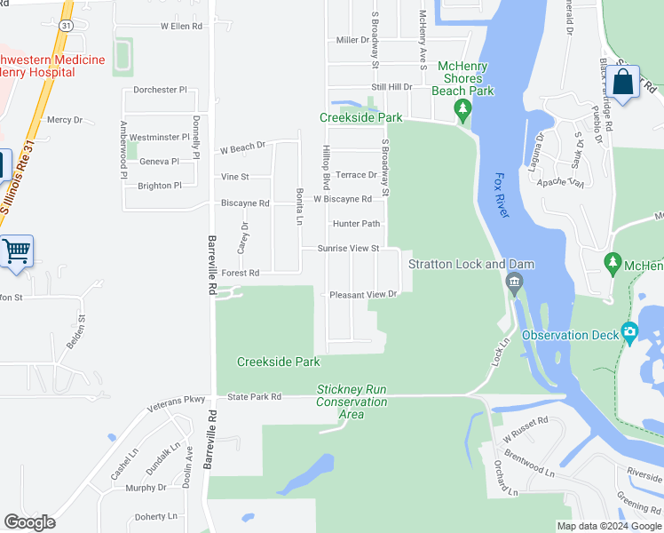 map of restaurants, bars, coffee shops, grocery stores, and more near 1204 Hilltop Boulevard in McHenry