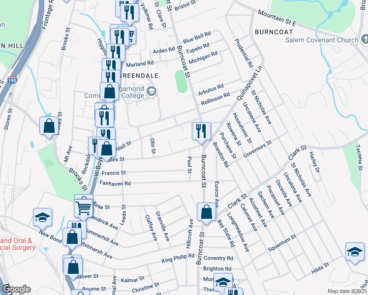map of restaurants, bars, coffee shops, grocery stores, and more near 32 Mayflower Circle in Worcester