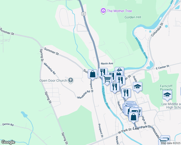 map of restaurants, bars, coffee shops, grocery stores, and more near 50 Summer Street in Lee