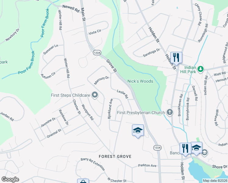 map of restaurants, bars, coffee shops, grocery stores, and more near 24 Leslie Road in Worcester