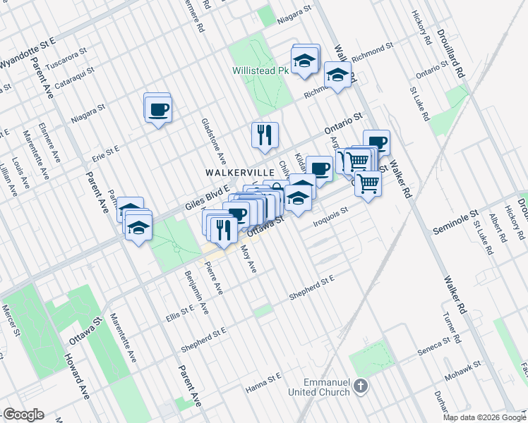 map of restaurants, bars, coffee shops, grocery stores, and more near 1255 Lincoln Road in Windsor