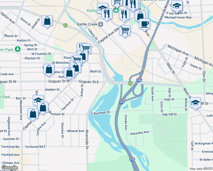 map of restaurants, bars, coffee shops, grocery stores, and more near 115 Riverside Drive in Battle Creek