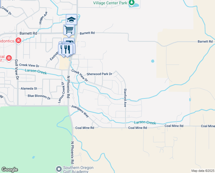 map of restaurants, bars, coffee shops, grocery stores, and more near 3814 Creek Mont Drive in Medford