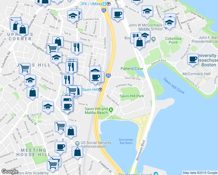 map of restaurants, bars, coffee shops, grocery stores, and more near 400 Savin Hill Avenue in Boston