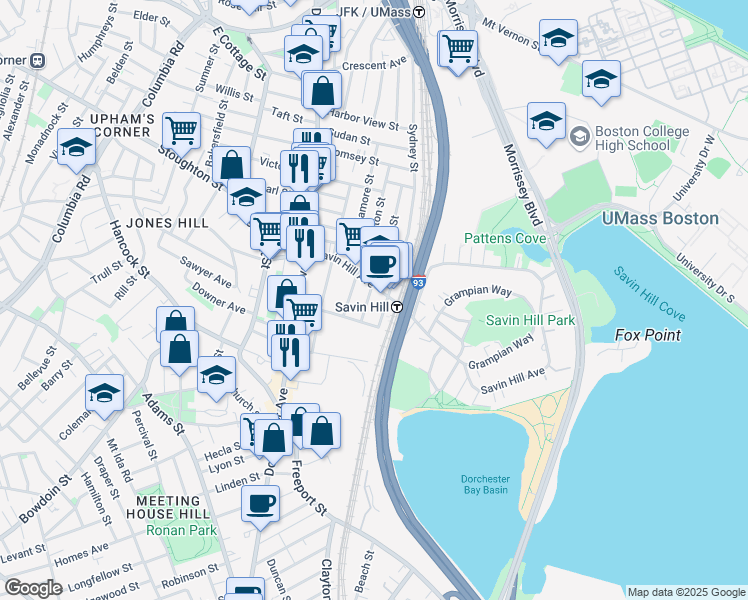 map of restaurants, bars, coffee shops, grocery stores, and more near 87 Savin Hill Avenue in Boston