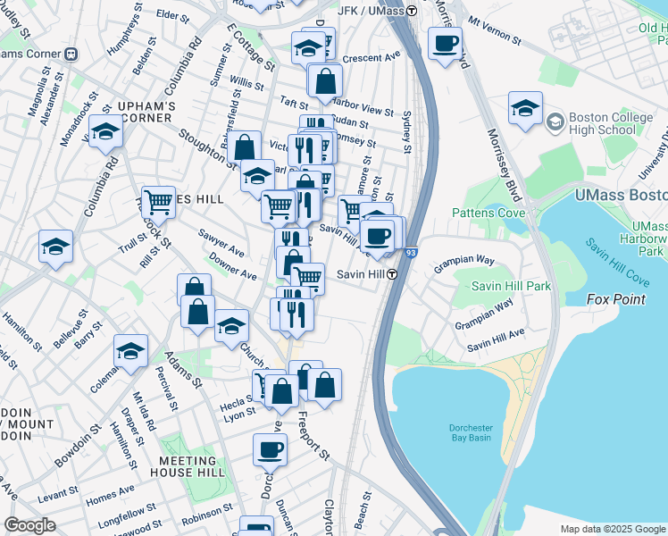 map of restaurants, bars, coffee shops, grocery stores, and more near 81 Auckland Street in Boston