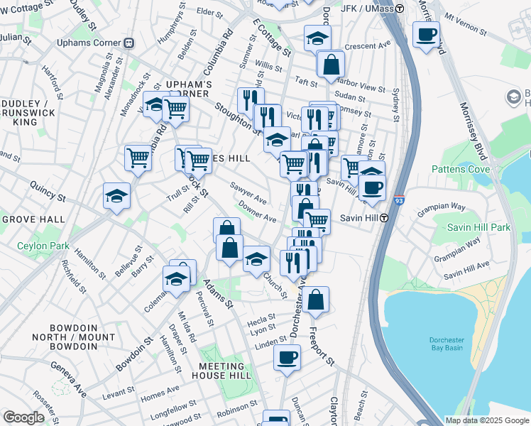 map of restaurants, bars, coffee shops, grocery stores, and more near 56 Sawyer Avenue in Boston