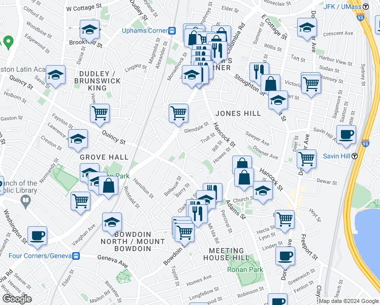 map of restaurants, bars, coffee shops, grocery stores, and more near 25 Trull Street in Boston