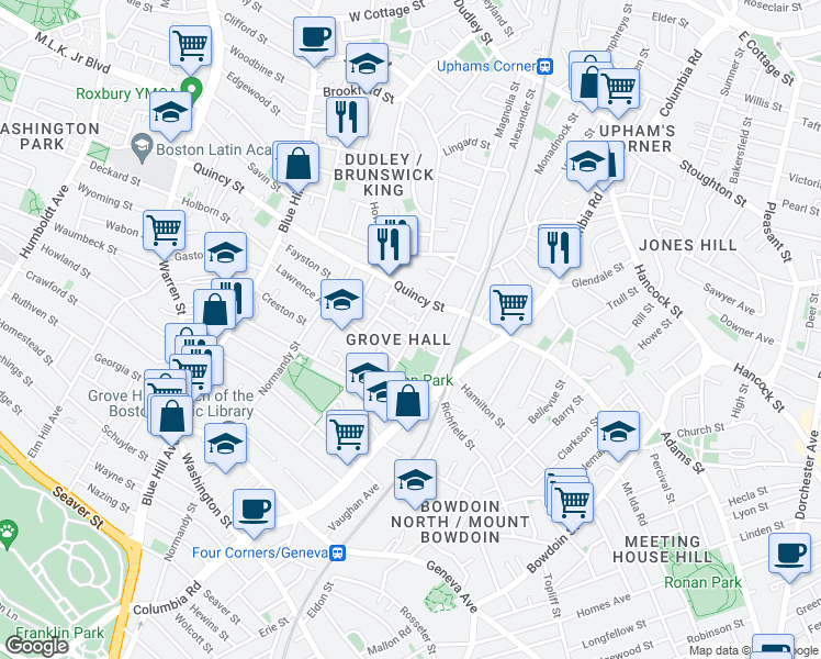 map of restaurants, bars, coffee shops, grocery stores, and more near 14 Kineo Street in Boston