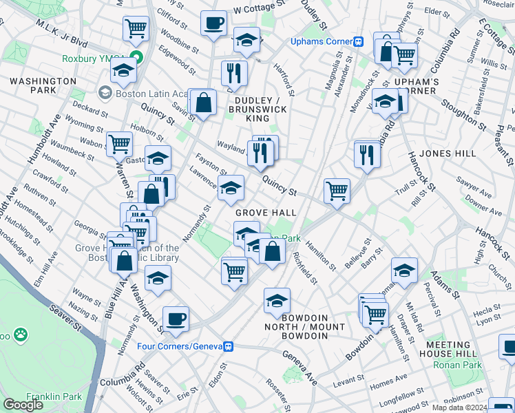 map of restaurants, bars, coffee shops, grocery stores, and more near 14 Kineo Street in Boston
