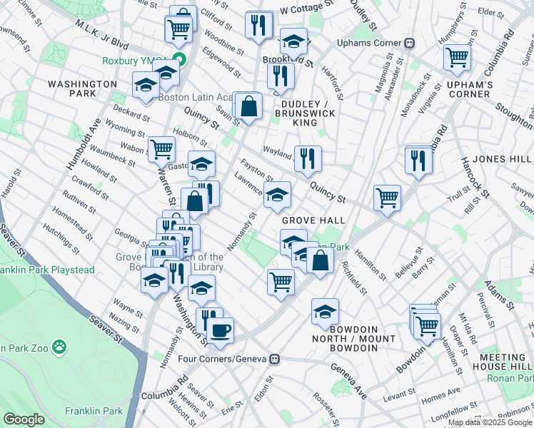 map of restaurants, bars, coffee shops, grocery stores, and more near 47 Lawrence Avenue in Boston