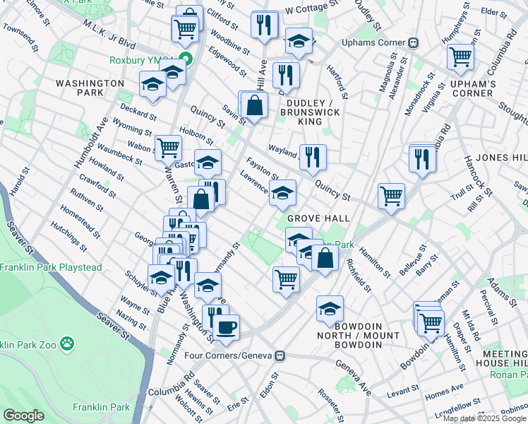 map of restaurants, bars, coffee shops, grocery stores, and more near 47 Lawrence Avenue in Boston