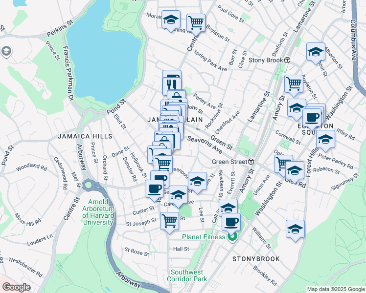 map of restaurants, bars, coffee shops, grocery stores, and more near 12 Brown Terrace in Boston