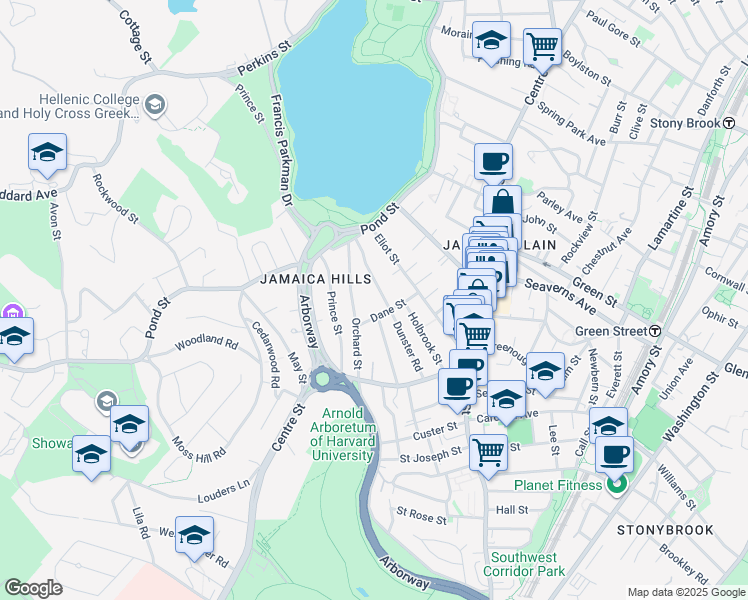 map of restaurants, bars, coffee shops, grocery stores, and more near 92 Dunster Road in Boston