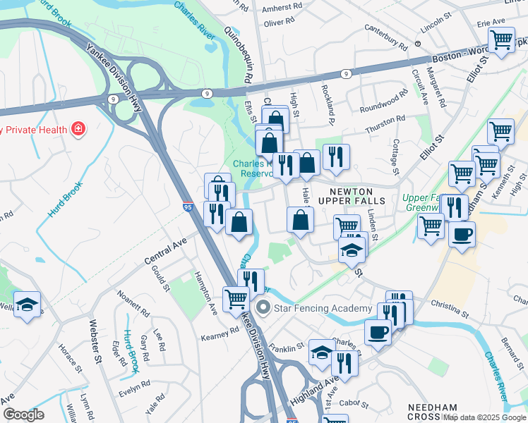 map of restaurants, bars, coffee shops, grocery stores, and more near 1 Keefe Avenue in Newton