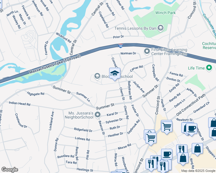 map of restaurants, bars, coffee shops, grocery stores, and more near 27 Upper Joclyn Avenue in Framingham