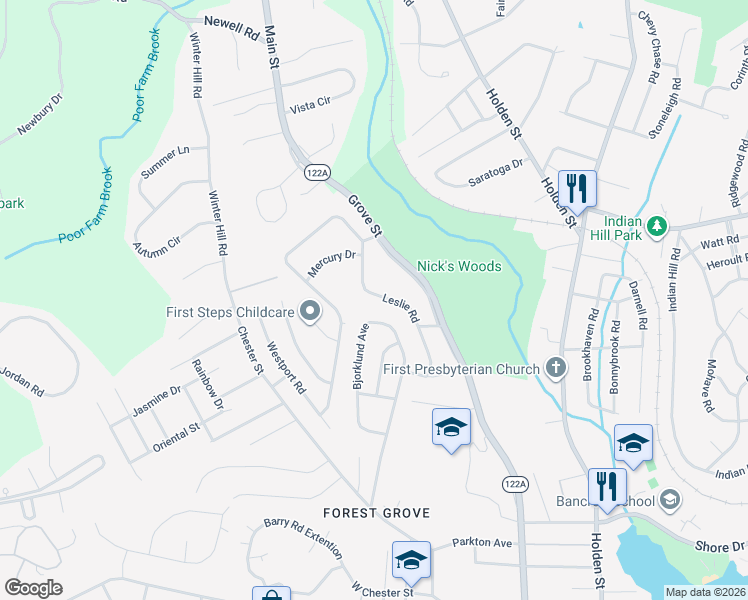 map of restaurants, bars, coffee shops, grocery stores, and more near 24 Leslie Road in Worcester