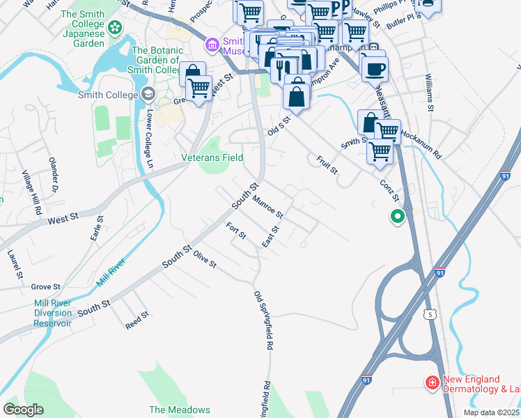 map of restaurants, bars, coffee shops, grocery stores, and more near 12 Munroe Street in Northampton