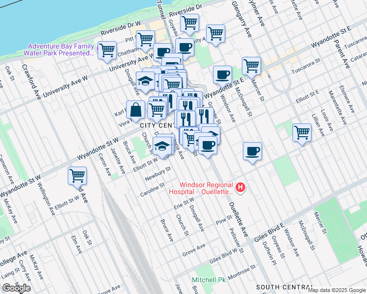 map of restaurants, bars, coffee shops, grocery stores, and more near in Windsor
