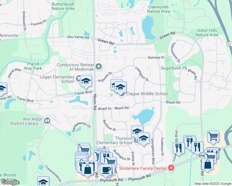 map of restaurants, bars, coffee shops, grocery stores, and more near 2616 Nixon Road in Ann Arbor