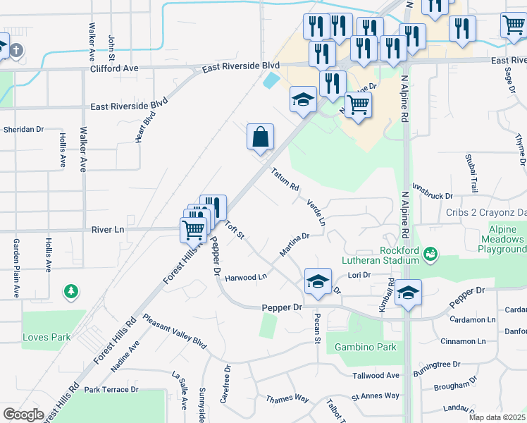 map of restaurants, bars, coffee shops, grocery stores, and more near 6103 Forest Hills Road in Rockford
