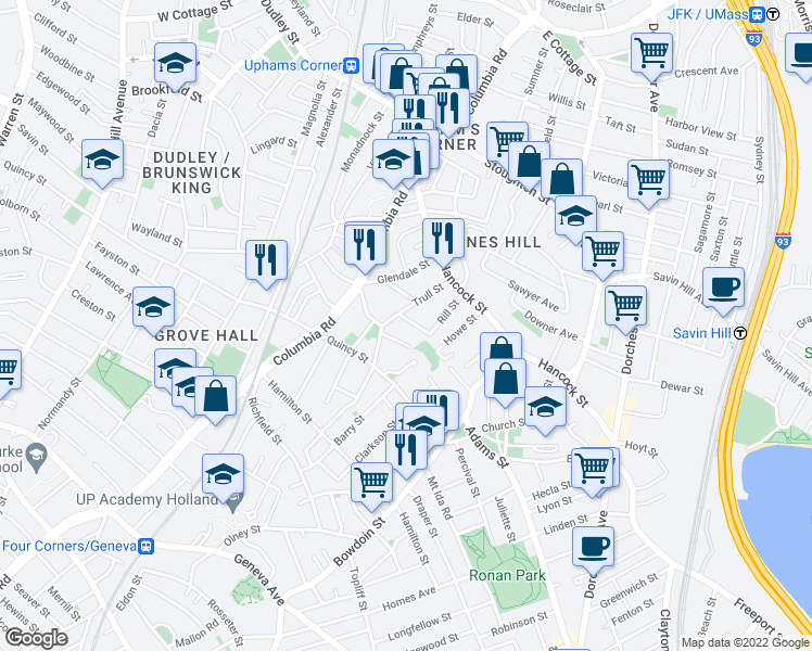 map of restaurants, bars, coffee shops, grocery stores, and more near 3 Ware Street in Boston