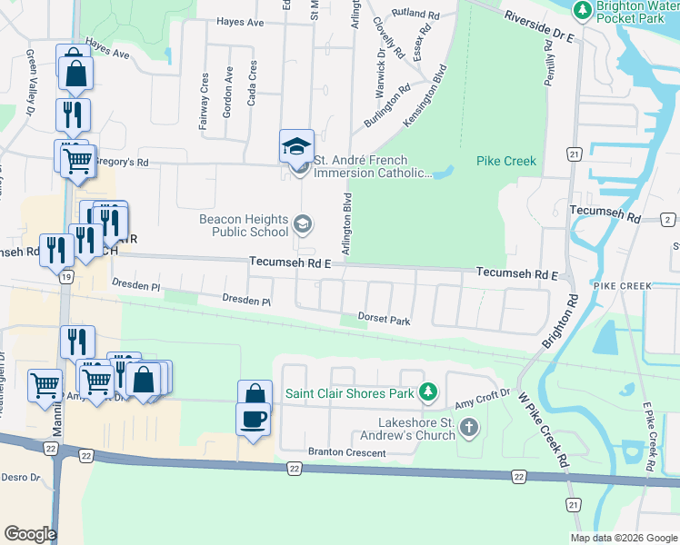 map of restaurants, bars, coffee shops, grocery stores, and more near 535 Harbourne Crescent in Windsor