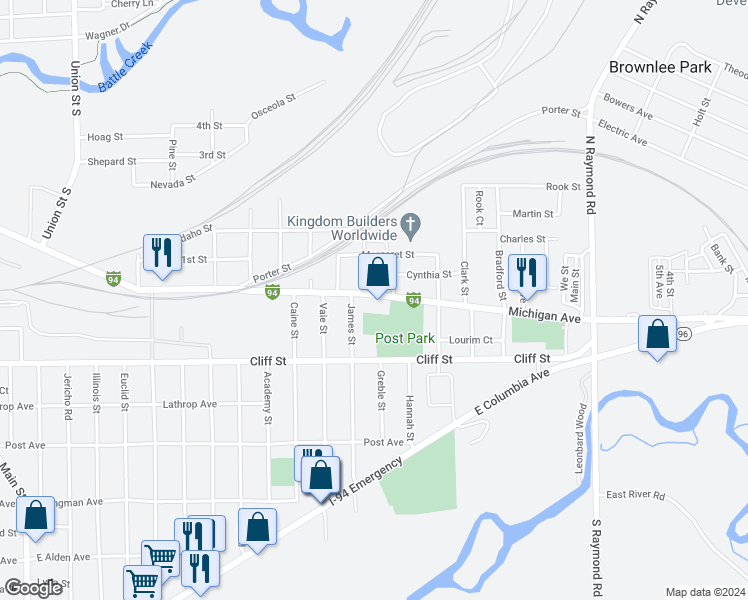 map of restaurants, bars, coffee shops, grocery stores, and more near 744 East Michigan Avenue in Battle Creek