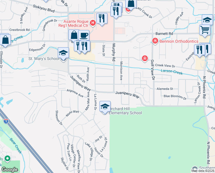 map of restaurants, bars, coffee shops, grocery stores, and more near 2825 Alameda Street in Medford